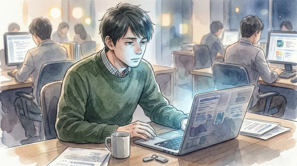 仕事中も失恋の喪失感に苛まれ、未来への不安で集中を欠いている様子を表現したイメージ