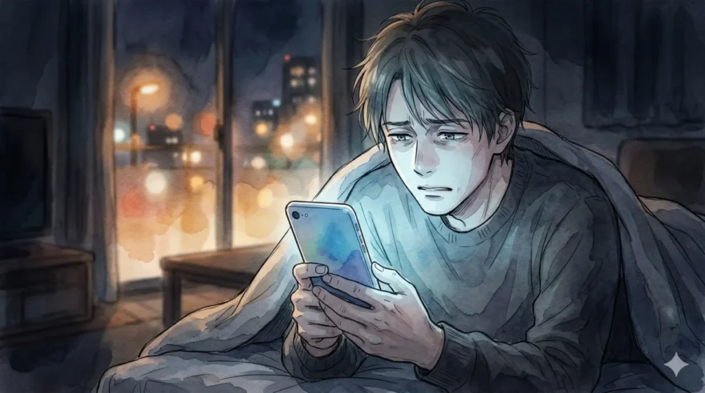 深夜に元カノのSNSを確認し、断ち切れない未練に苦しんでいるシーンを表現したイメージ
