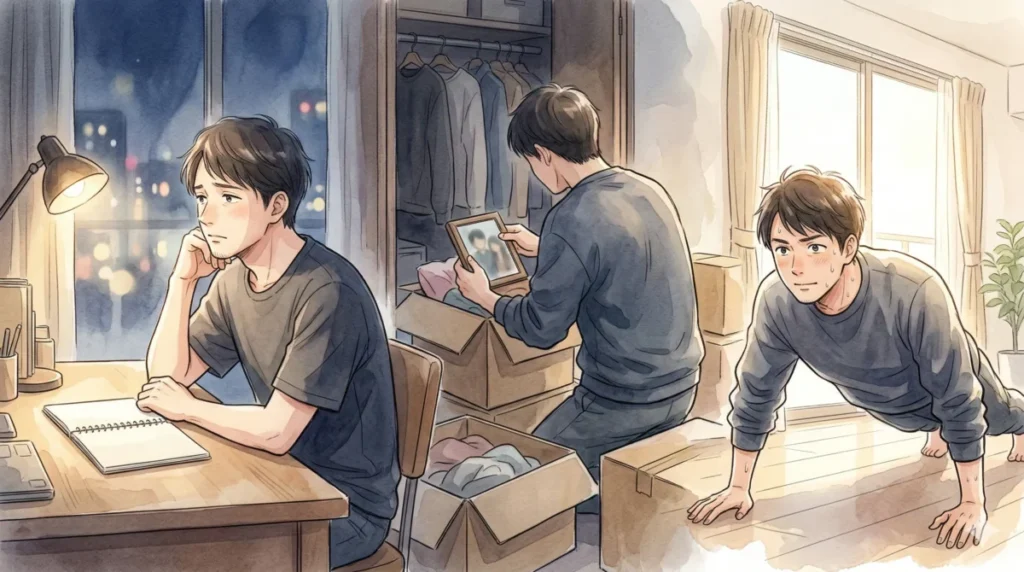 思い出の品を片付け筋トレに励むなど、自分を律して再起を図る過程を表現したイメージ