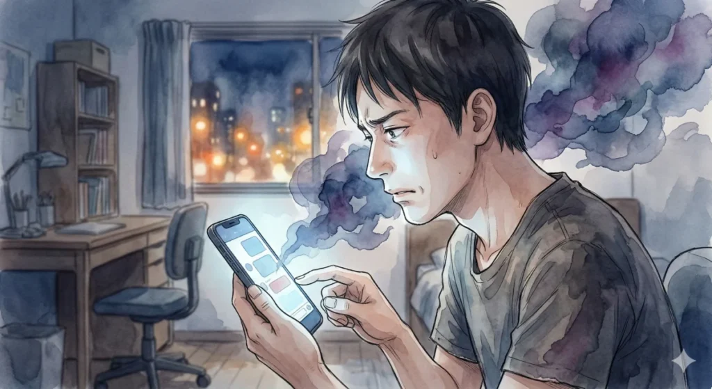 過去のトラウマから、スマホを前に強い不安やネガティブな想像を膨らませる心理を表現したイメージ