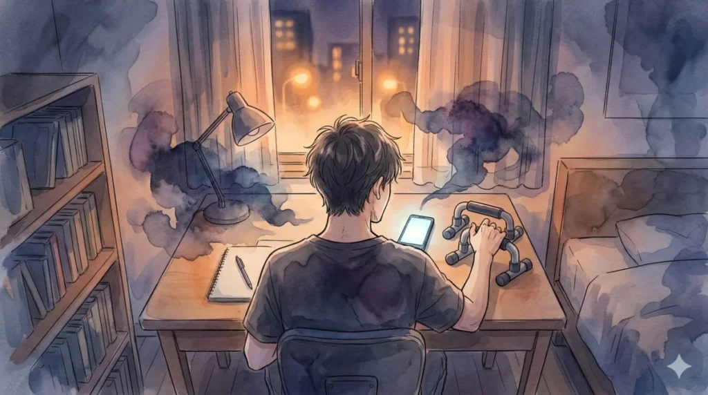 不安を筋トレ等の行動にすり替え、ネガティブな思考のループを断ち切る様子を表現したイメージ