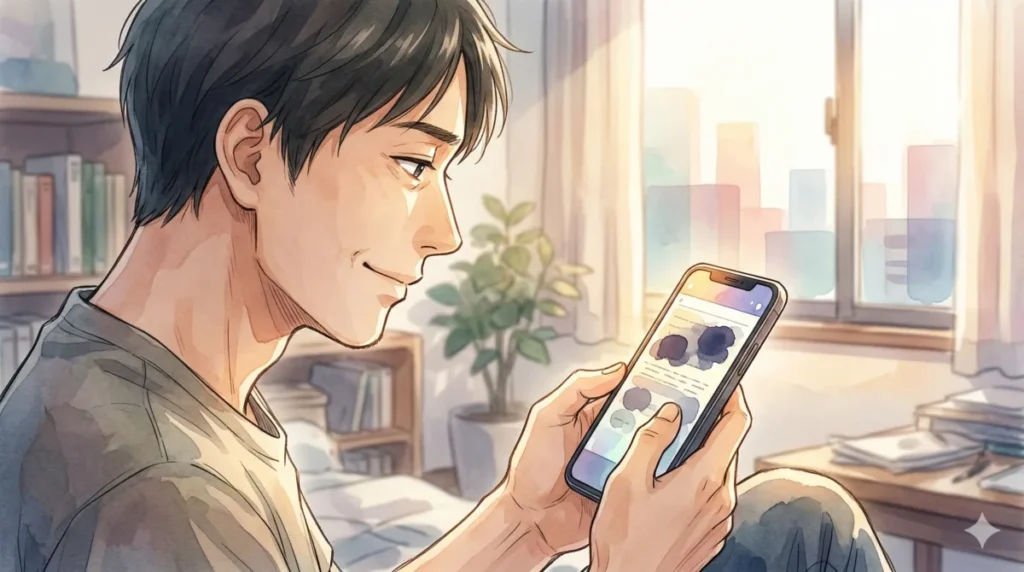 感情を客観視する技術を習得し、自信を持って婚活サービスを使いこなす余裕を表現したイメージ