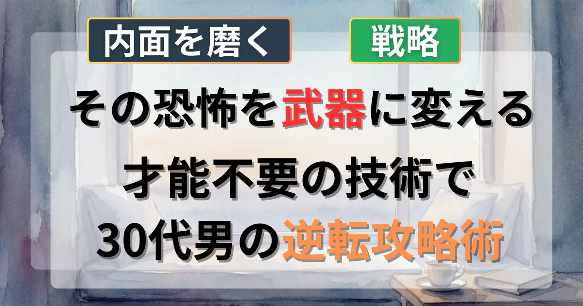 30代男性が恋愛の恐怖を克服し、逆転するための戦略を解説した記事のイメージイラスト