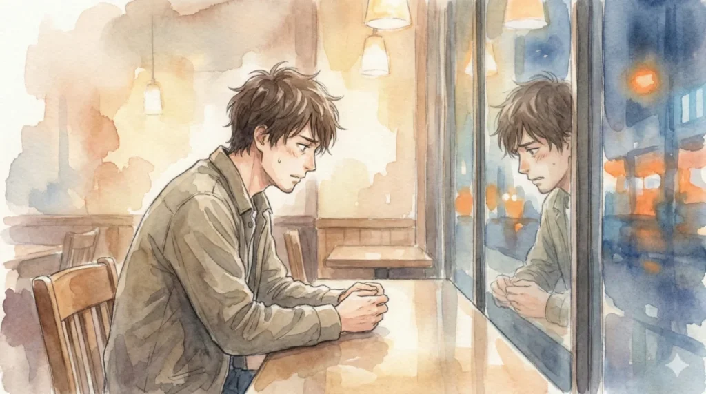 窓に映る不安な自分を見つめ、経験のなさを隠そうとする焦燥感や葛藤を表現したイメージ