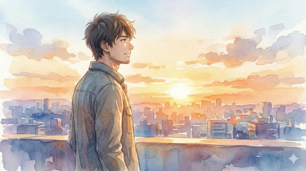 朝焼けを眺め、自身の未経験を価値ある資産としてポジティブに捉える心理を表現したイメージ