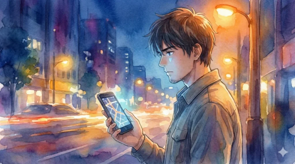 夜の街で地図を確認し、不慣れながらもデートの準備を懸命に行う誠実さを表現したイメージ