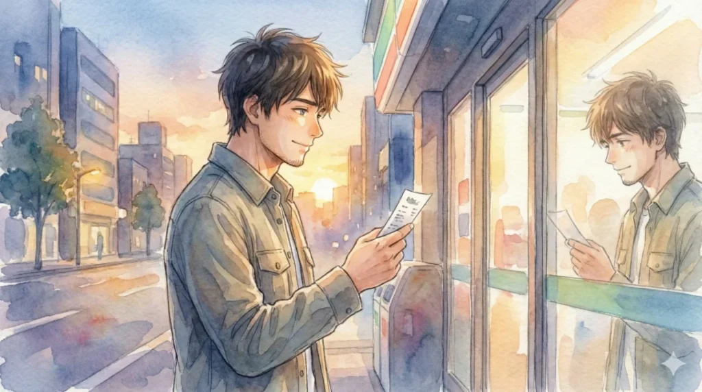 コンビニで感謝を伝え、小さな習慣から自分を変えようとする前向きな姿を表現したイメージ