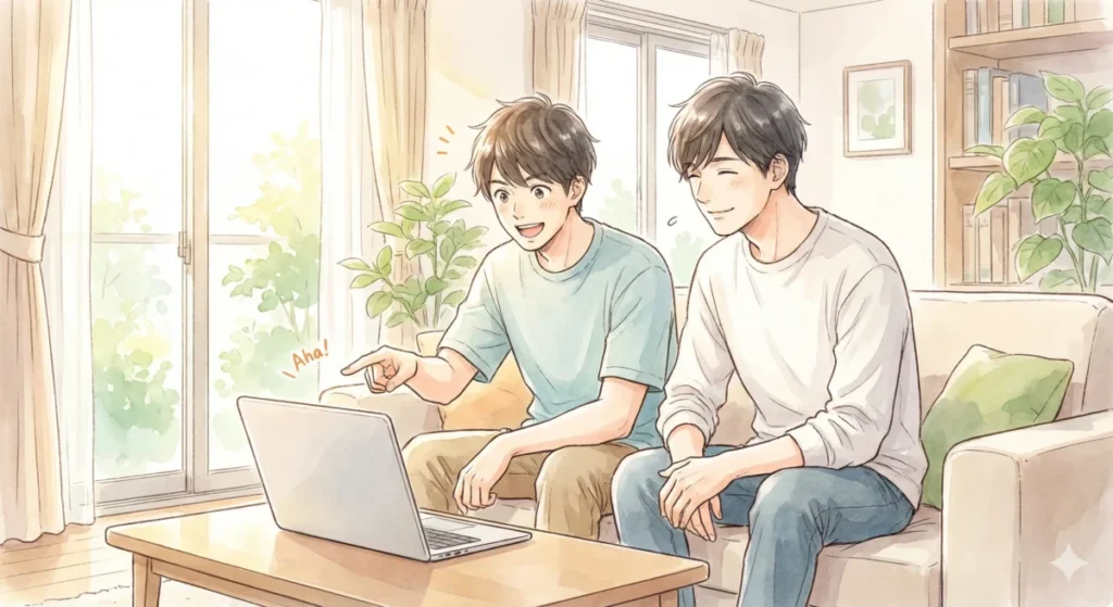 画面の解説に納得し、マッチング率向上のヒントを得て喜ぶ男性を表現したイメージ