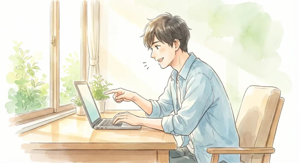 パソコンでアプリの攻略法を精査し、理想の出会いへ準備する男性を表現したイメージ