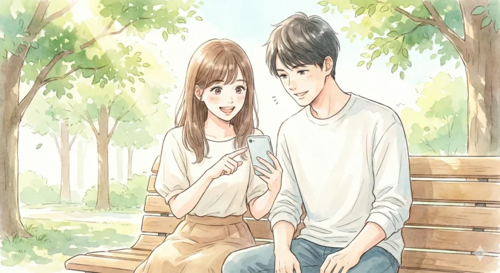 外出先でスマホを眺め、アプリの便利な機能を二人で確認するシーンを表現したイメージ