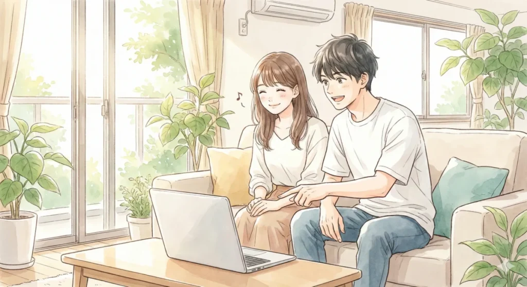 リビングで画面を共有し、不明点を解決してアプリを使いこなす男女を表現したイメージ