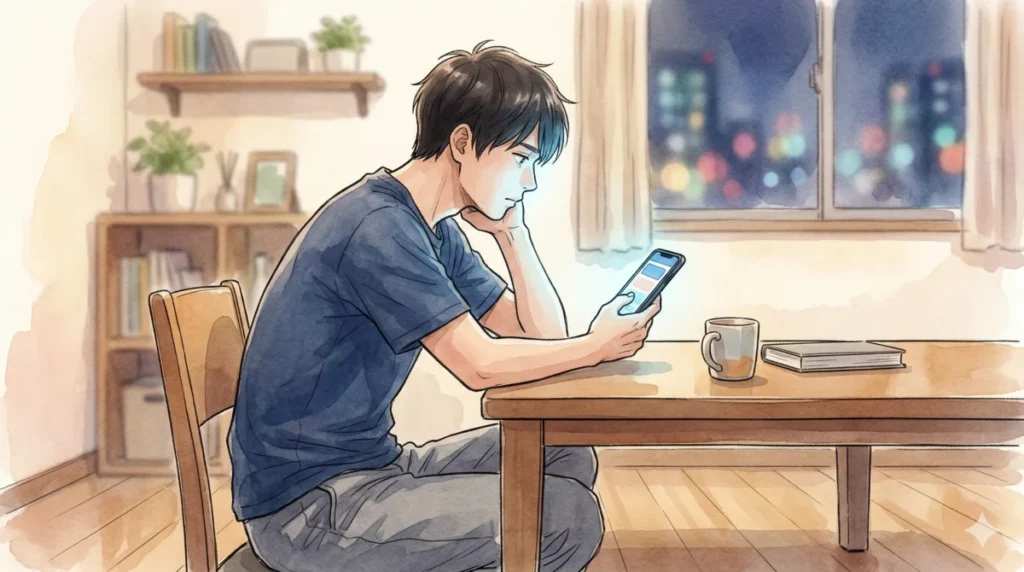夜中に一人でスマートフォンを眺め、過去の恋を美化し引きずってしまう心理のイメージ