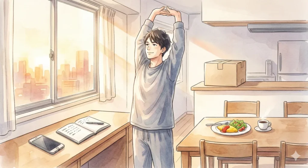 朝の光の中でストレッチをし、自分らしい生活リズムを取り戻そうとする前向きな変化のイメージ