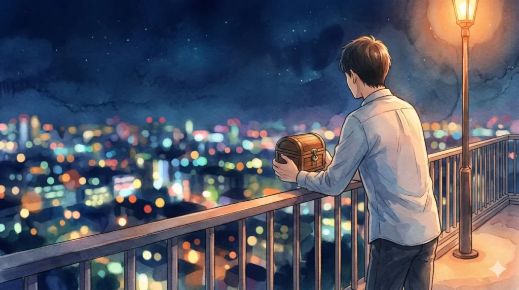 思い出を心の宝箱に仕舞い、大人の余裕を持って新しい未来へと歩み出す瞬間のイメージ