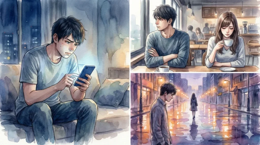 自分の不器用さや防衛本能により、恋愛で自爆してしまう心理を表現したイメージ