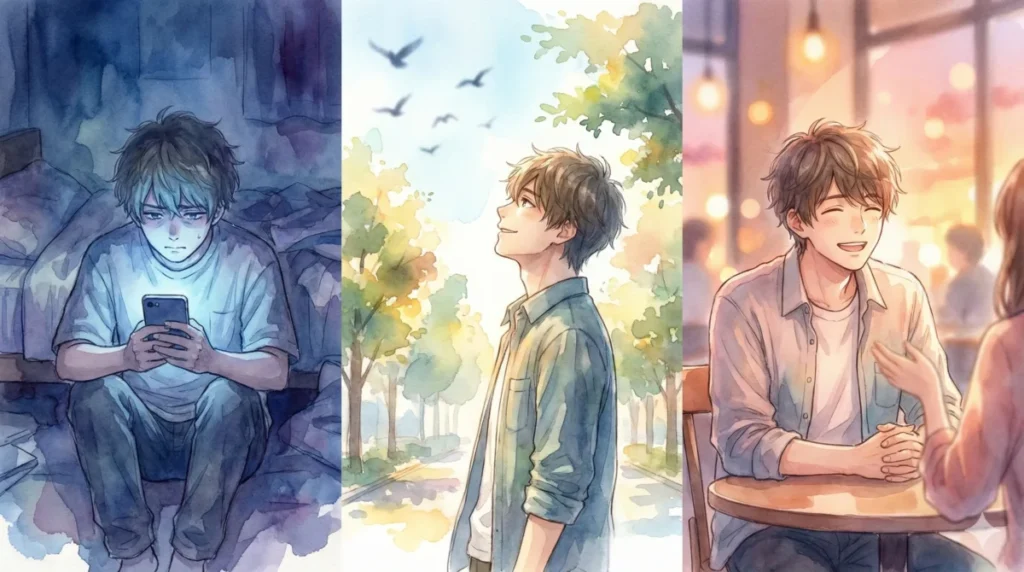 他人との比較や劣等感を手放し、ありのままの自分を受け入れる様子を表現したイメージ