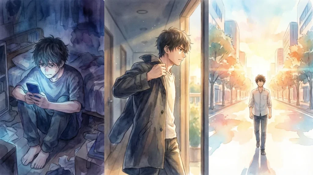 弱い自分を認めて不要な鎧を脱ぎ捨て、前向きに一歩踏み出す姿を表現したイメージ