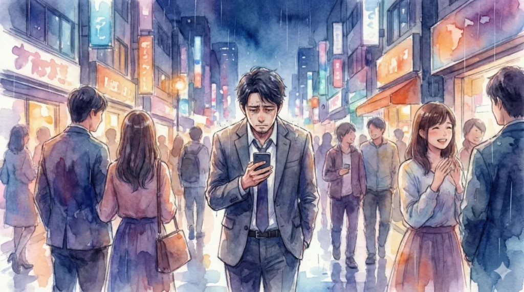 厳しい恋愛市場の中で孤独を感じ、自分を見失いそうになっている状況を表現したイメージ