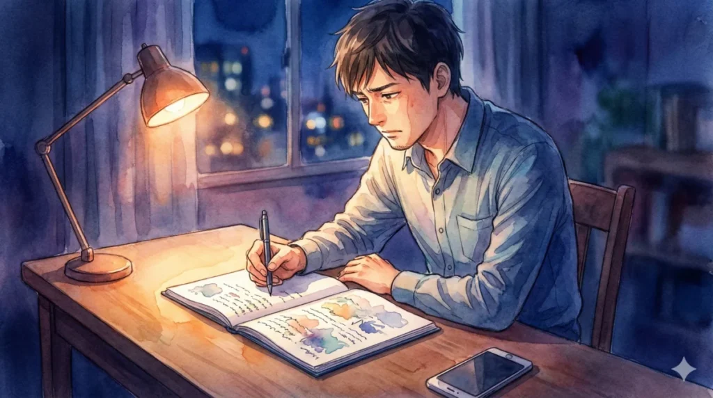 夜のデスクで自らの過去や本音と向き合い、自己分析ノートを綴る様子を表現したイメージ