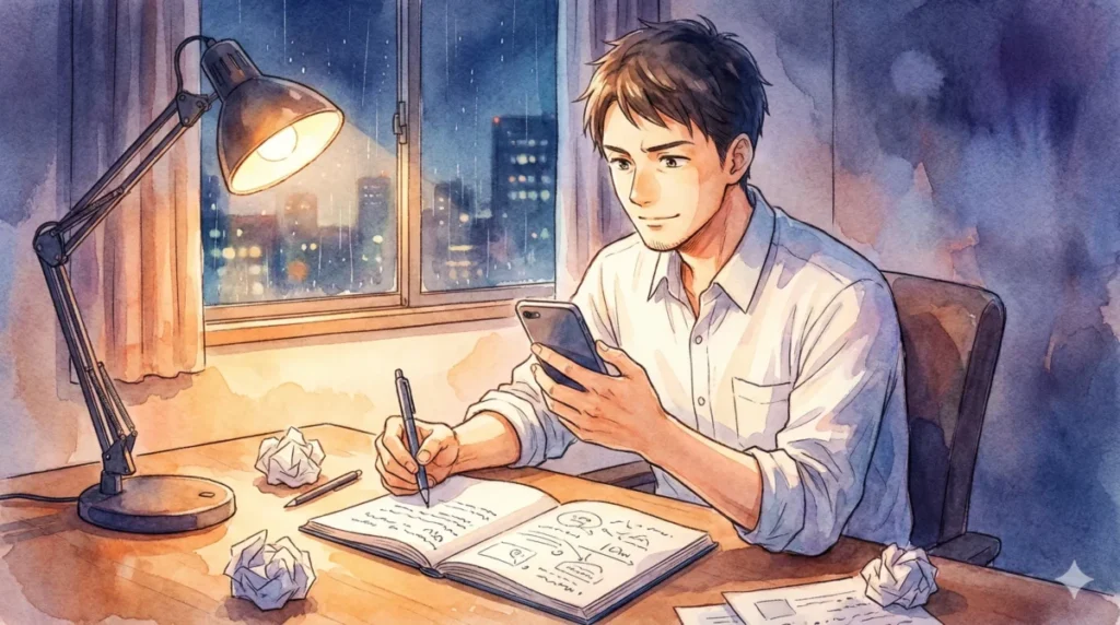 試行錯誤を繰り返しながら、自分の強みを活かした恋愛戦略を導き出す状況を表現したイメージ