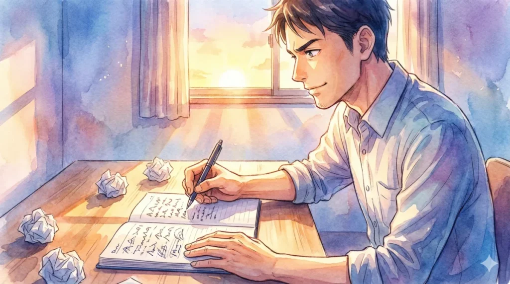 朝日の中で新たな人生設計を書き込み、選ばれる自分への逆転を誓う状況を表現したイメージ