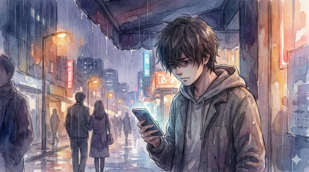雨の街中でスマホを手に、自分を過小評価して恋愛に消極的な心理を表現したイメージ
