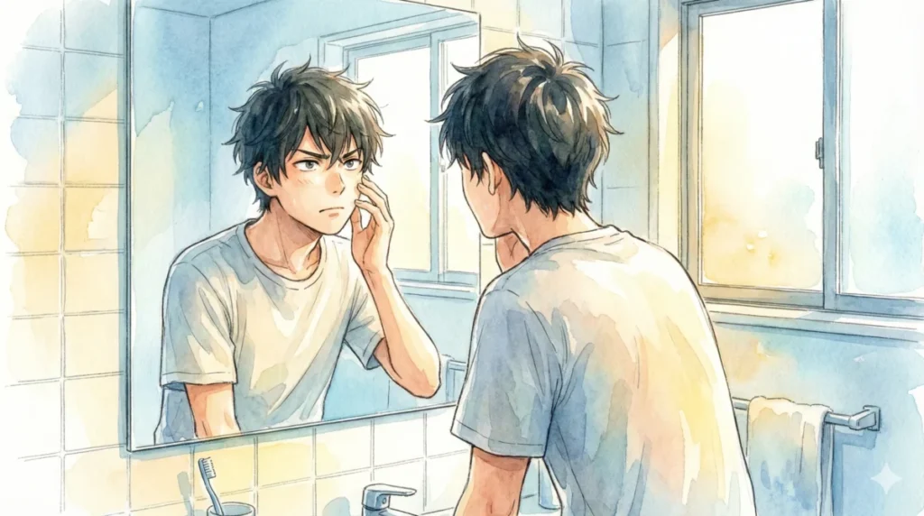 鏡の前で自身の容姿と向き合い、感情ではなく行動で自信を得ようとする様子を表現したイメージ