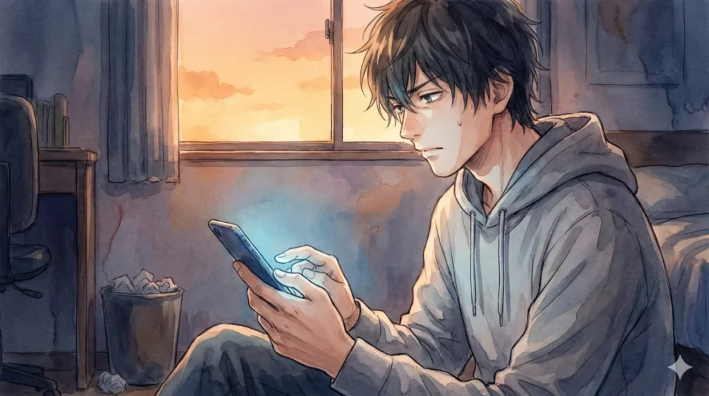 夜の部屋でスマホに惑わされず、他人との比較を断ち切り自分と向き合う葛藤を表現したイメージ