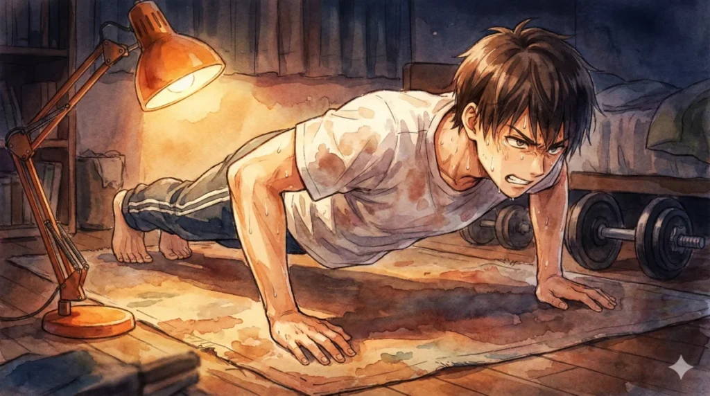 室内で筋トレに励み、小さな成功体験を積み重ねて自己効力感を高める情景を表現したイメージ