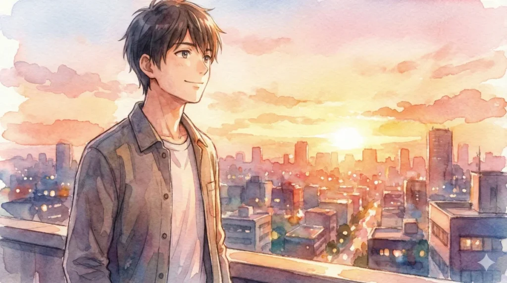 夕暮れの街を背景に、過去の呪縛を解いて自分に自信を持ち始めた姿を表現したイメージ