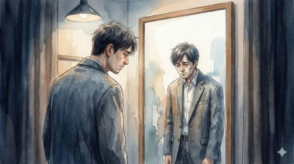 高価な服を着ても自信が持てず、内面の虚無感に悩む30代男性の葛藤を表現したイメージ