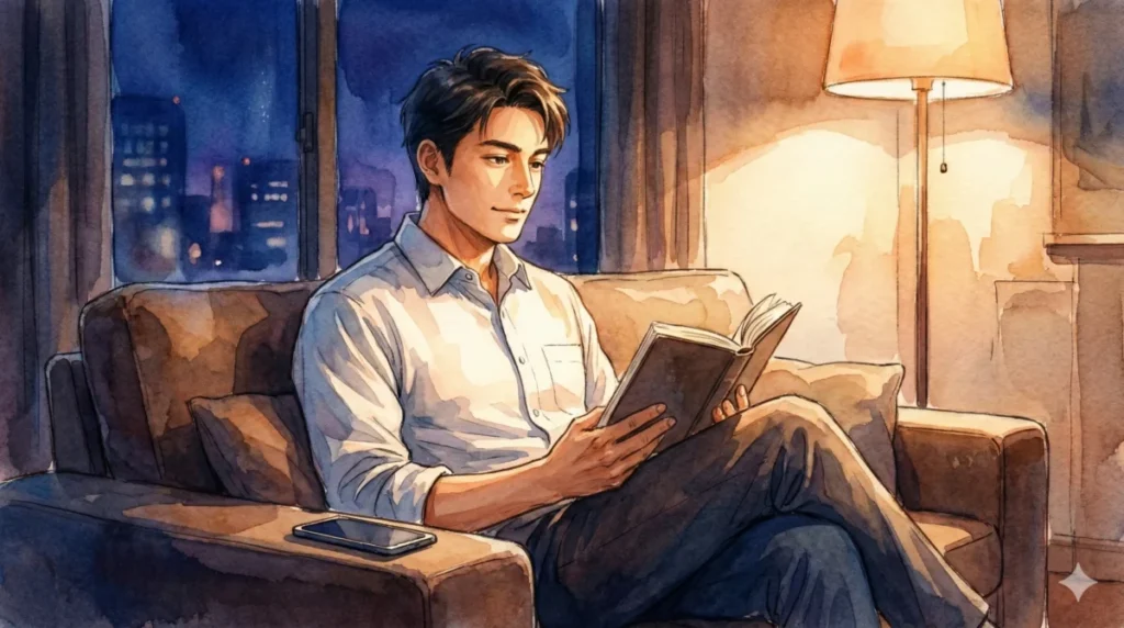 他人と比較せず自分の時間に没頭し、精神的な余裕を持つ大人の男を表現したイメージ