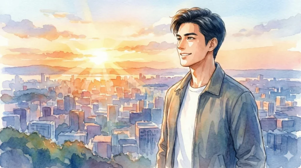 過去の自分を脱ぎ捨て、新たな自信を持って未来へ踏み出す変化を表現したイメージ