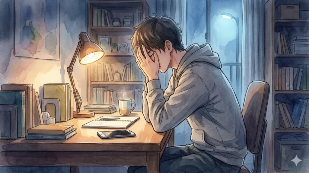 自身の行動を客観視し、強烈な自己嫌悪と不安に苛まれる男性の心理を表現したイメージ