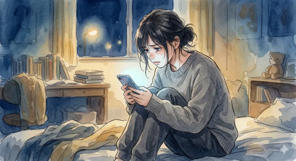 深夜にスマホで相手の動向を追い、不安と絶望を深めてしまう葛藤を表現したイメージ