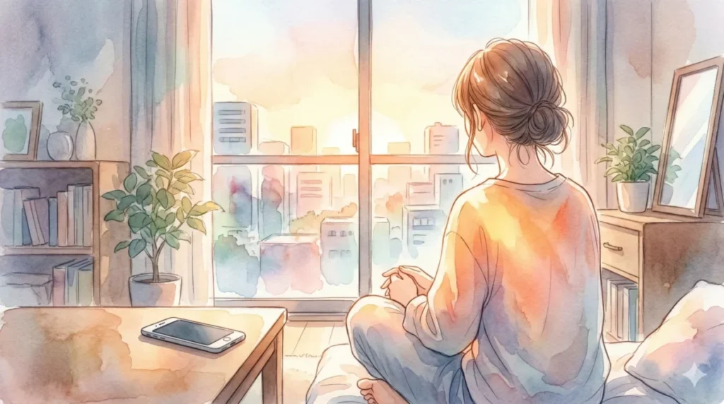 依存から抜け出し、自分自身の未来と向き合い落ち着きを取り戻した姿を表現したイメージ