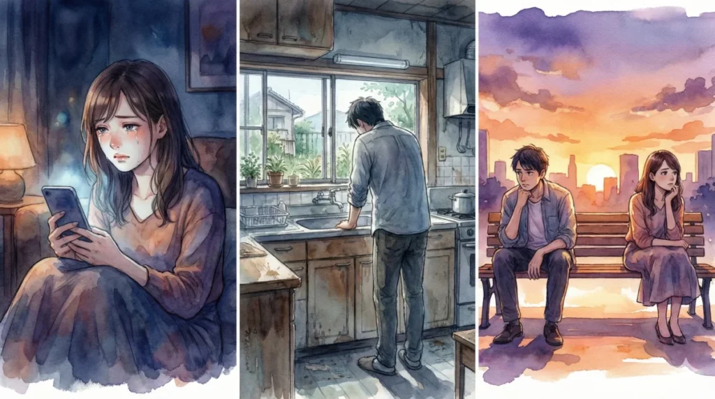 30代が直面する将来への漠然とした不安や、周囲との比較による孤独感を表現したイメージ