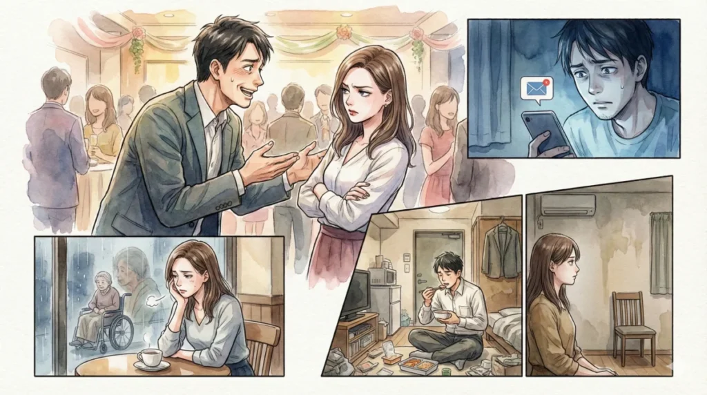 結婚を不安解消の手段と考え、無意識に相手へ依存してしまう焦りを表現したイメージ