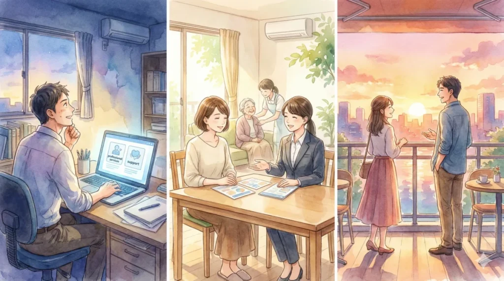 老後や介護の備えをプロに外注し、精神的な自立と余裕を得る様子を表現したイメージ