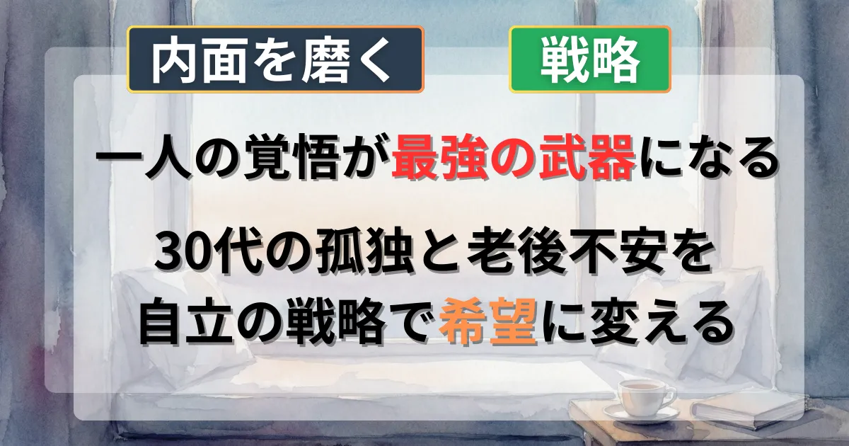 30代の独身不安や介護の悩みを自立の戦略で解決する攻略法を解説した記事のイメージイラスト