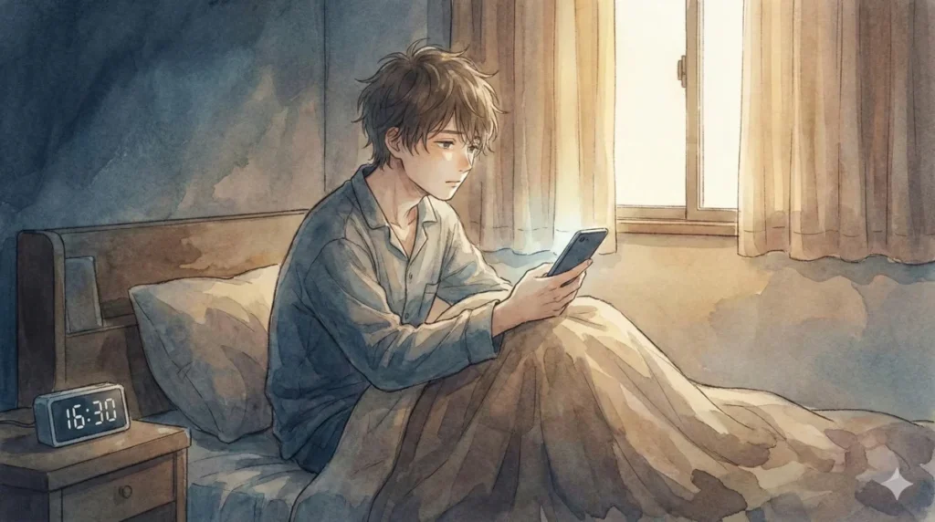 夕方の部屋で疲れた表情でスマホを眺め、脳の防衛本能で動けない様子を表現したイメージ