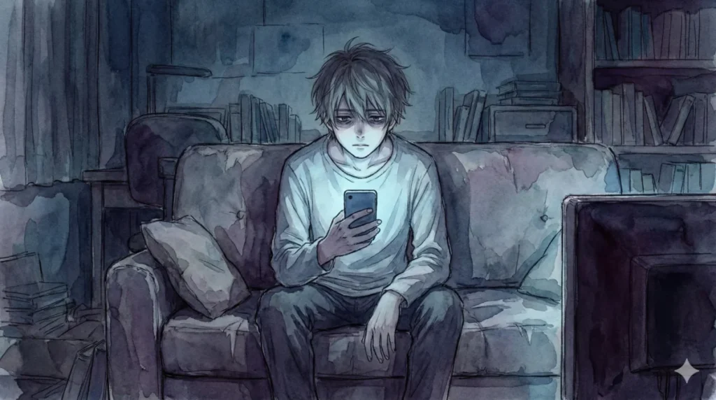 暗い室内でソファに座りスマホを見つめ、無趣味で暇な休日の虚無感を表現したイメージ