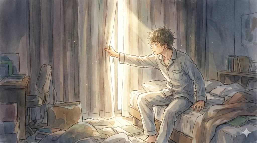 太陽の光を取り入れるためカーテンを開け、脳を再起動させるベビーステップを表現したイメージ