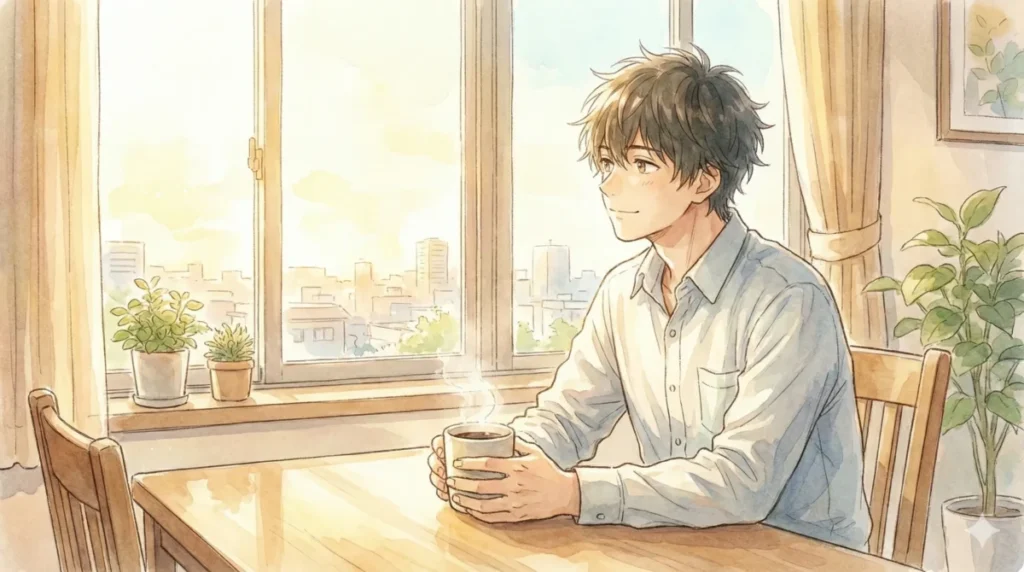 明るい窓際でコーヒーを飲みながら、自分磨きにより心の余裕を取り戻した様子を表現したイメージ