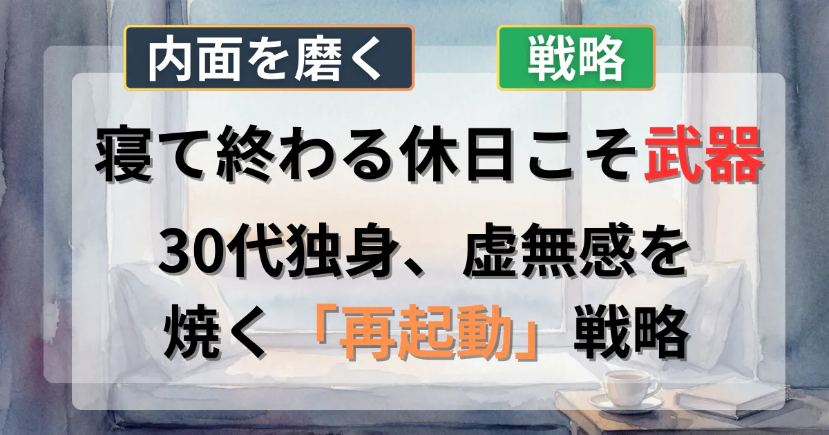 休日に寝て終わる虚無感を克服し、自分磨きに繋げる再起動戦略の攻略法を解説した記事のイメージイラスト