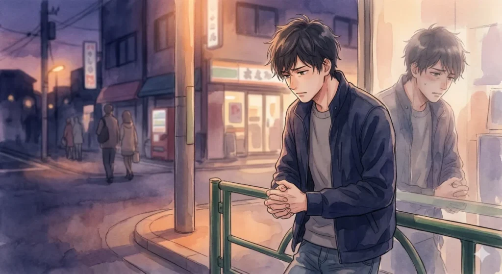 周囲の目を気にして弱さを隠し、本当の自分を出せずに悩む男性の心理を表現したイメージ