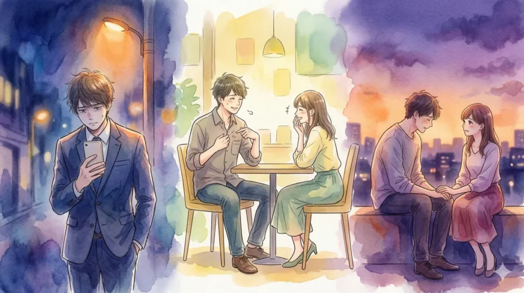 失敗談の共有から深い悩みへの打ち明けへと、段階的に心を開く過程を表現したイメージ