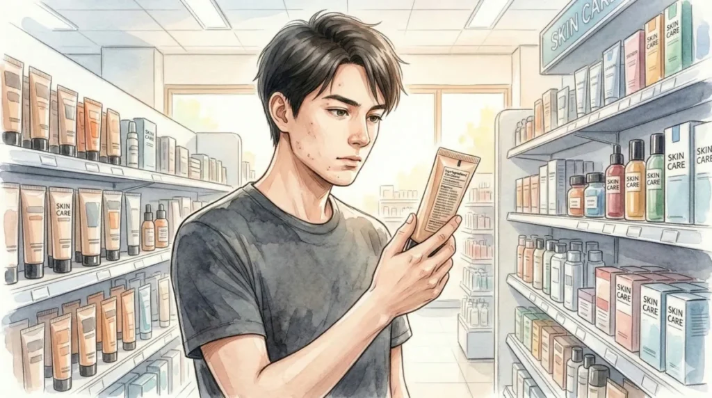 ドラッグストアで自分に最適な肌補正アイテムを真剣に選ぶ状況を表現したイメージ