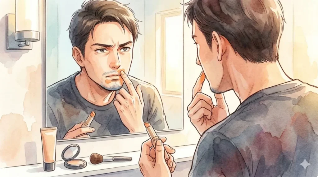 オレンジコンシーラーを使い青髭を効果的にカバーする実践工程を表現したイメージ