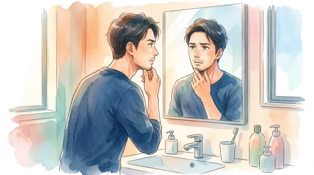鏡の前で顔周りの隙を細かくチェックし、自己管理の甘さに気づく心理を表現したイメージ